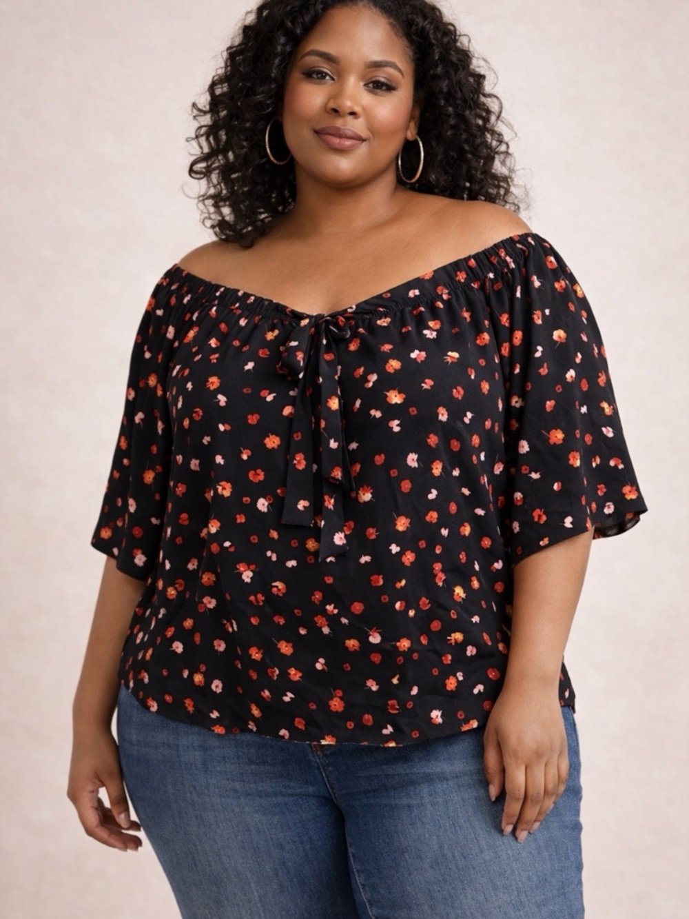 7 For All Mankind Black Off-Shoulder Floral Tie-Neck Top